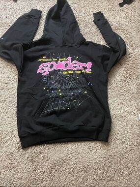 Black Graphic Spiderweb Hoodie with Pink 'spider' Text